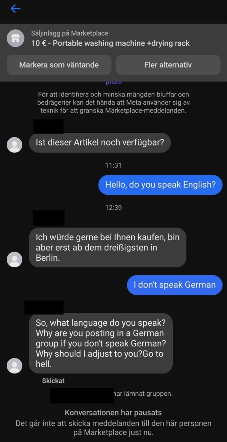 Normal reaction from a German when a Swede moving from Germany tries to sell his furniture