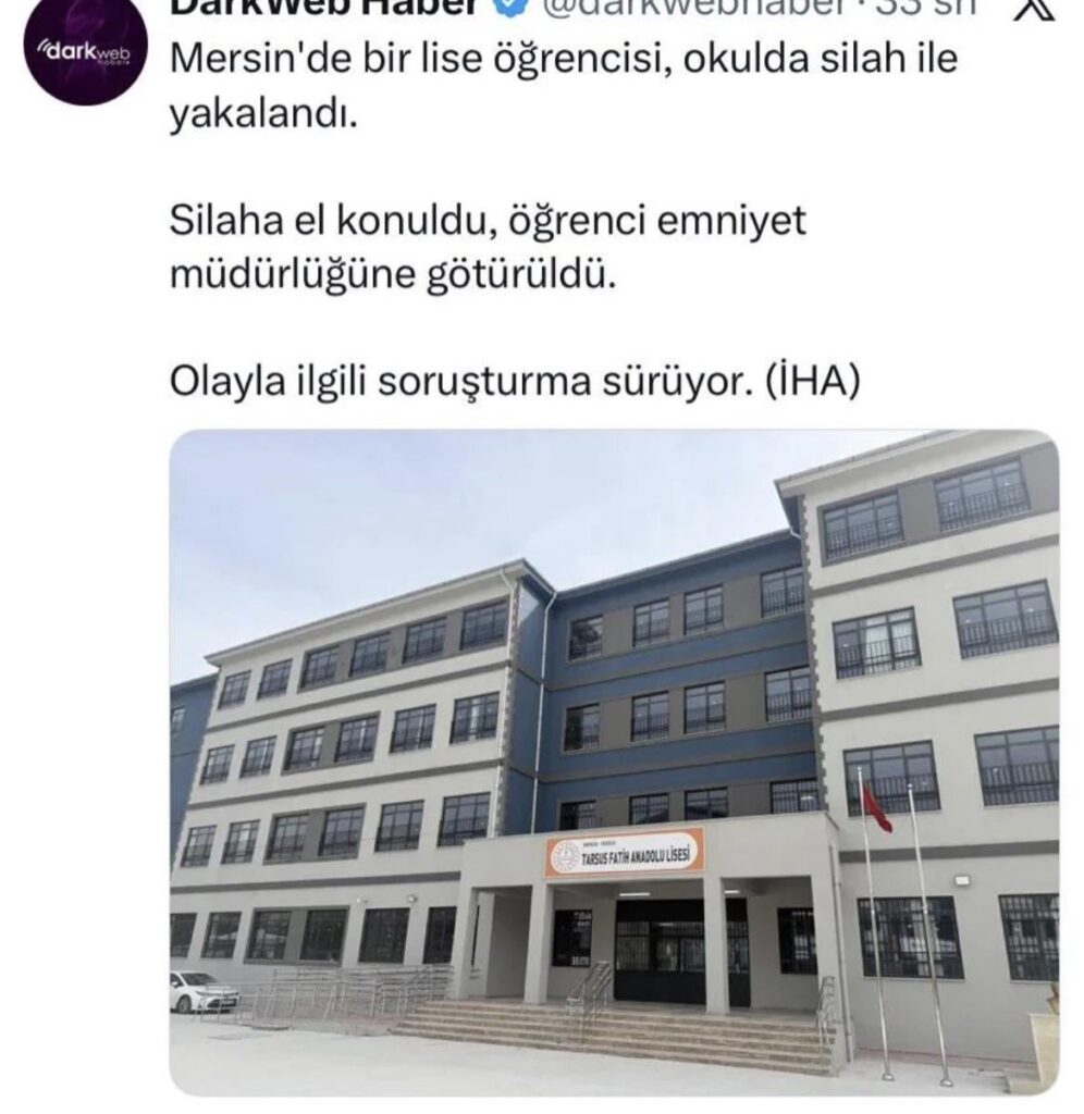 BREAKING NEWS: A GUN WAS FOUND IN A STUDENT'S bag in a high school in Mersin!
