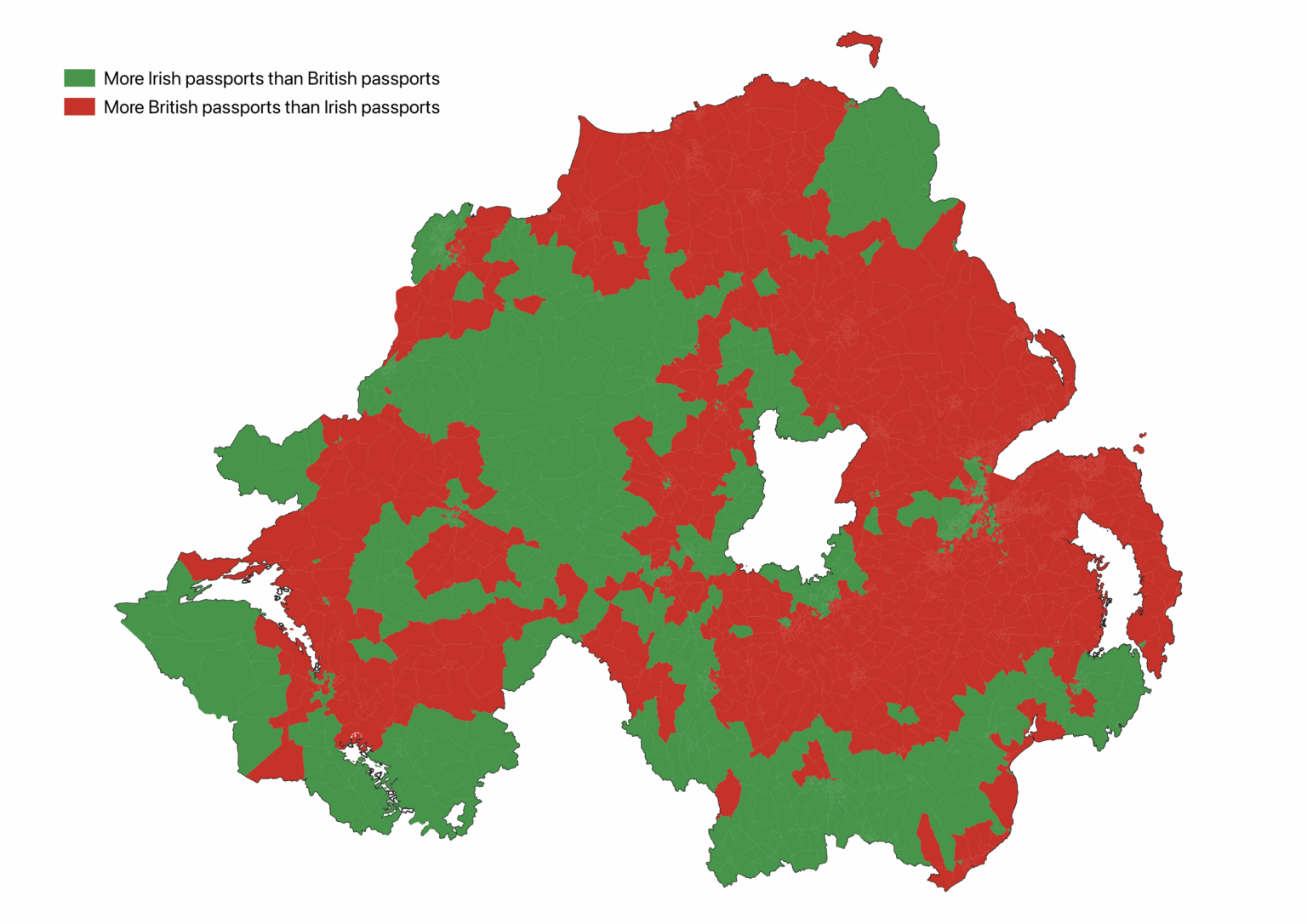 Map of Northern Ireland's most common passport by ward, 2021