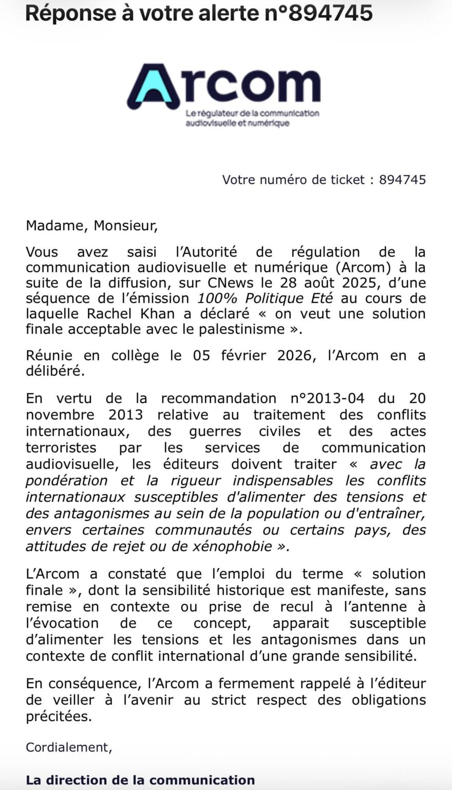 Arcom's response to my report on its words of "final acceptable solution with Palestinianism"