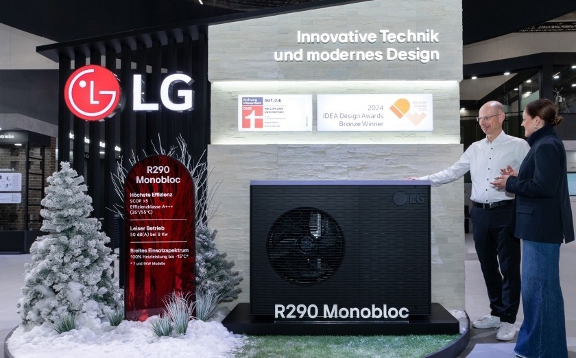 LG Electronics displayed its Therma V R290 Monobloc heat pump, which uses a natural refrigerant with a near-zero global warming potential, at the ISH 2025 HVAC trade show in Frankfurt. (LG Electronics)