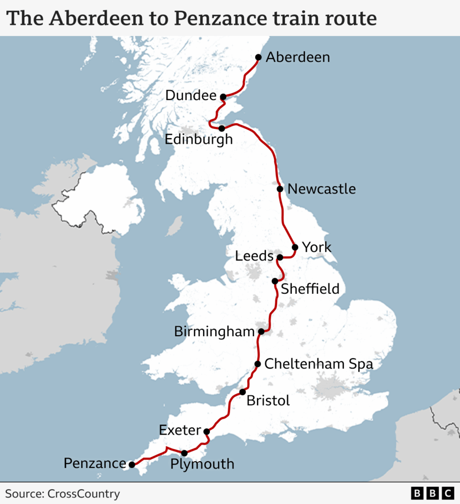 Map of the longest UK train journey ever
