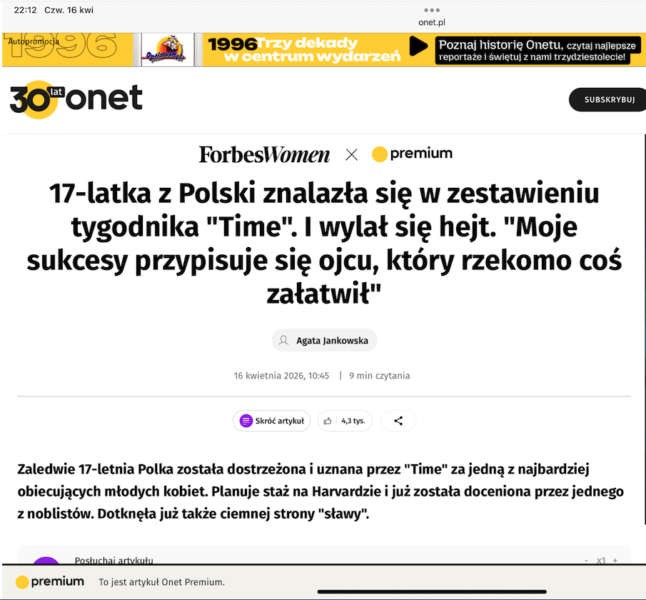 Yesterday, Onet published an article about Kornelia Wieczorek, prepared in cooperation with Forbes Women (based on the Forbes Women designation). Currently, I can no longer find this article on Onet.