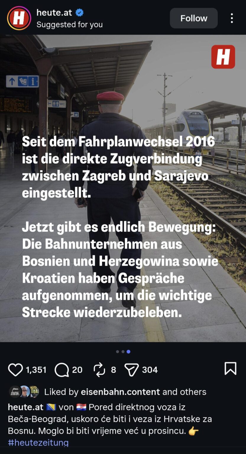 Even the birds on the branch know. Austrian Heute announces the Zagreb-Sarajevo train