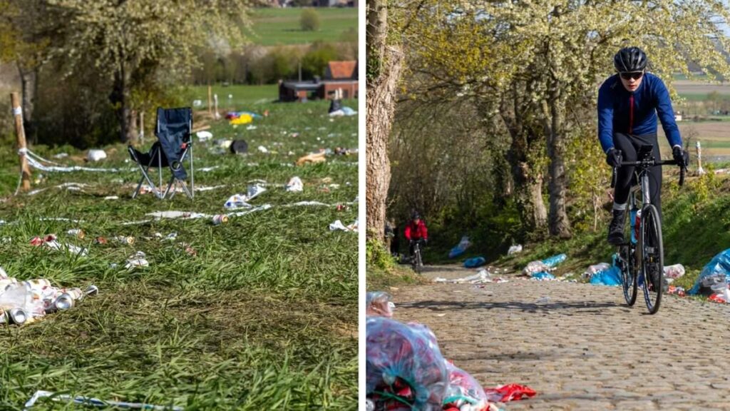 Old Kwaremont littered with rubbish after the Tour of Flanders: vandals tore open waste bags and pushed over toilet cubicles