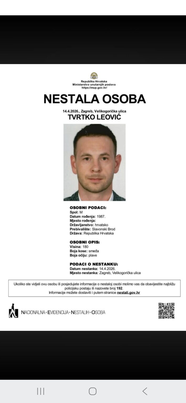 Disappeared on 14.4. after 1 p.m., last seen in Gračani, Zagreb.