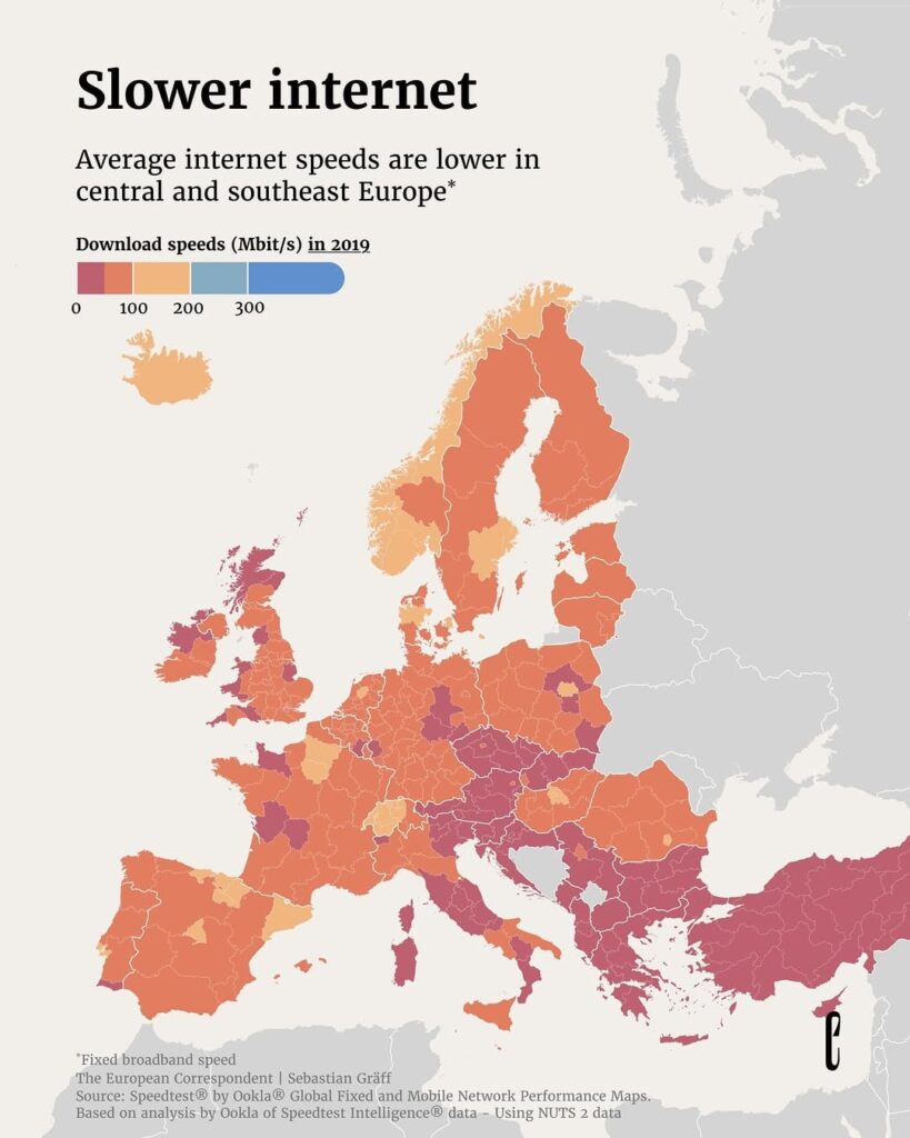 Map showing average Internet speeds across Europe