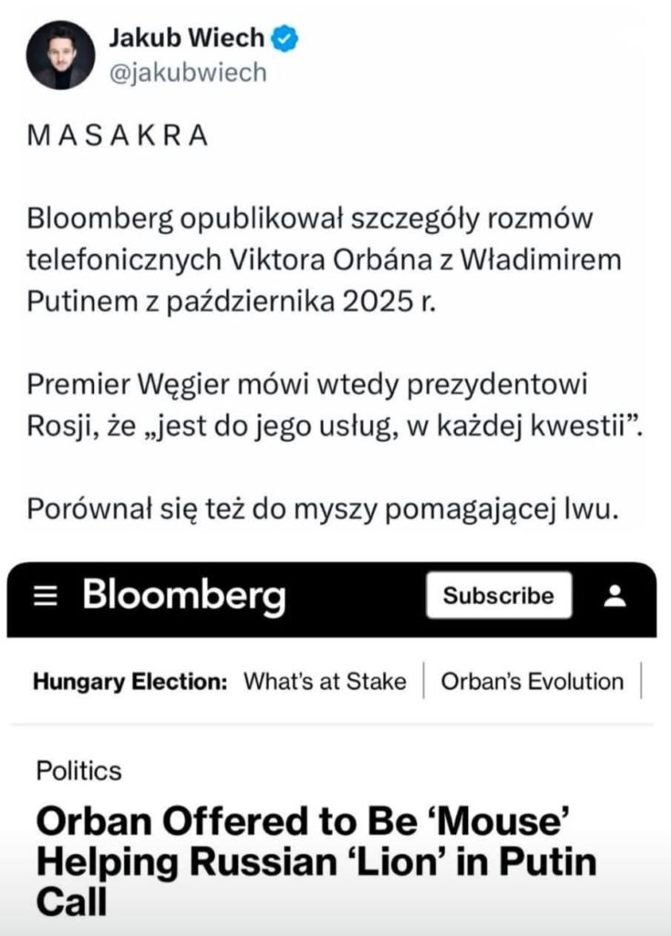 Bloomberg published details of Viktor Orbán's telephone conversations with Vladimir Putin from October 2025.