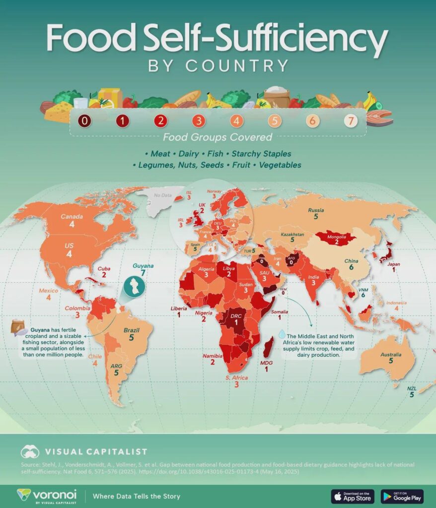 Visual Capitalist: Georgia is self-sufficient in 2 of 7 food groups, based on a Nature Food study