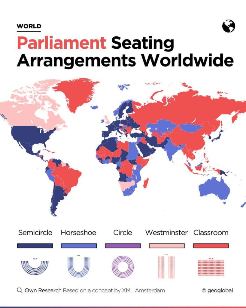 Map showing the seating arrangements of parliaments across the world.