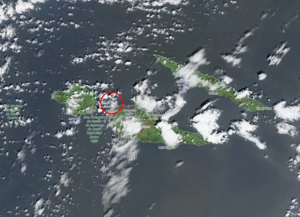 satellite image of pico island azores portugal on april 14 2026 with earthquake locations