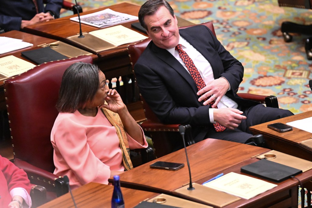 Senate Majority Leader Andrea Stewart-Cousins and Deputy Majority Leader Michael Gianaris in the Senate Chamber.