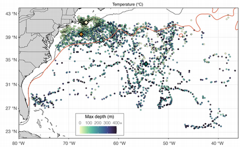 Example temperature–depth profiles from tagged sharks across four biogeographic regions, shown alongside the full spatial distribution of all transmitted tag-derived profile locations during this study (October 2021 – April 2022)