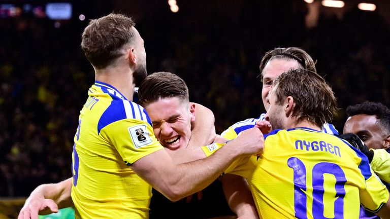 Sweden's Viktor Gyokeres celebrates after his goal seals Sweden's place at the World Cup