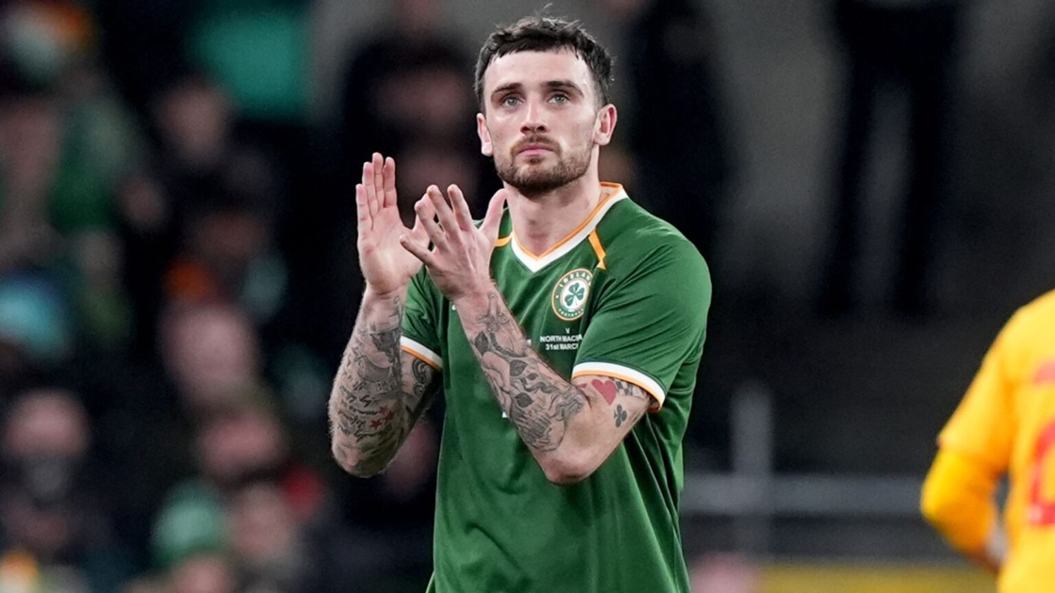 Republic of Ireland's Troy Parrott applauds the fans as he comes off the pitch after being substituted against North Macedonia