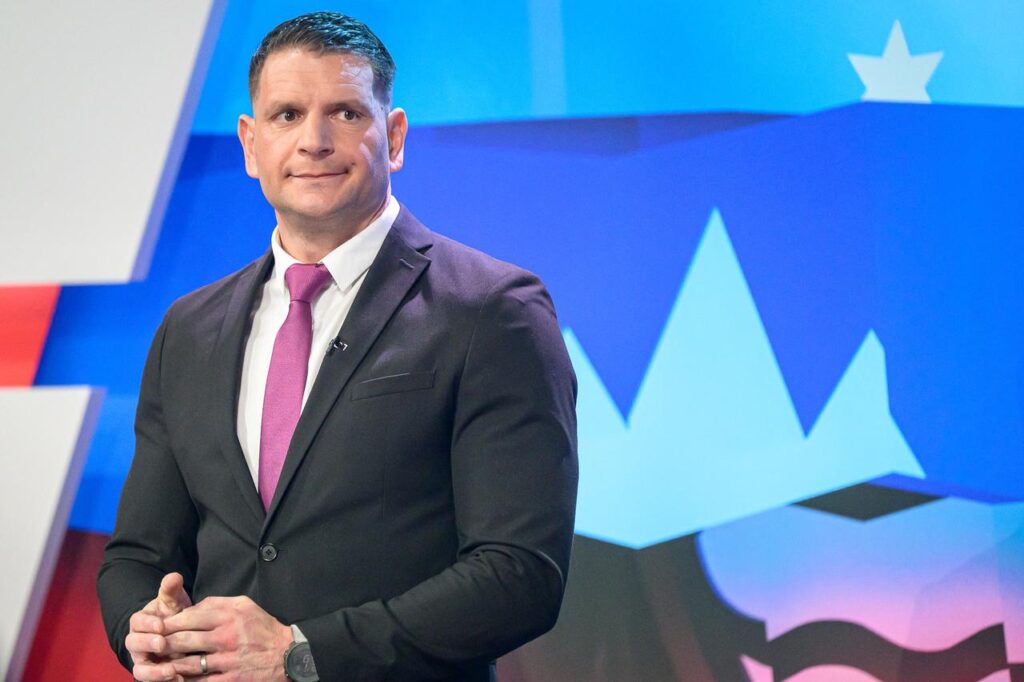 President of the extra-parliamentary party Resni.ca, Zoran Stevanovic prepares for the last televised political debate in Ljubljana on March 20, 2026, ahead of the parliamentary elections. (AFP Photo)