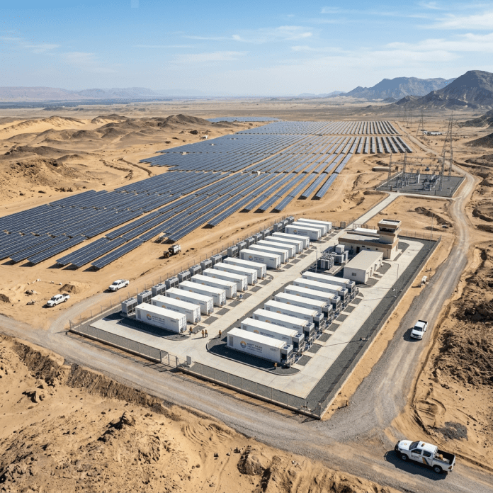 Solar panels and battery storage units in a fenced desert facility with surrounding mountains