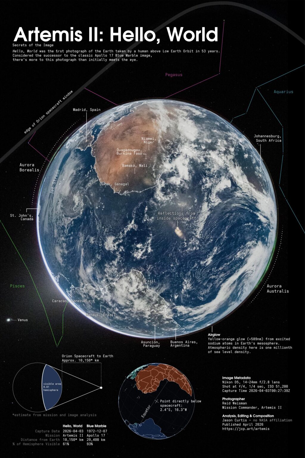 [OC] Star-matched infographic overlay of historic Artemis II "Hello, World" photo