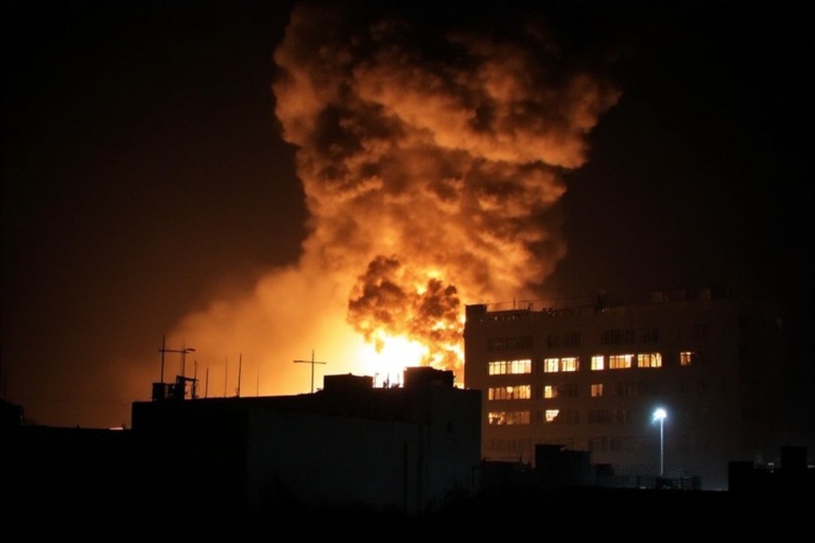 Nighttime city fire with large smoke plume and flames.