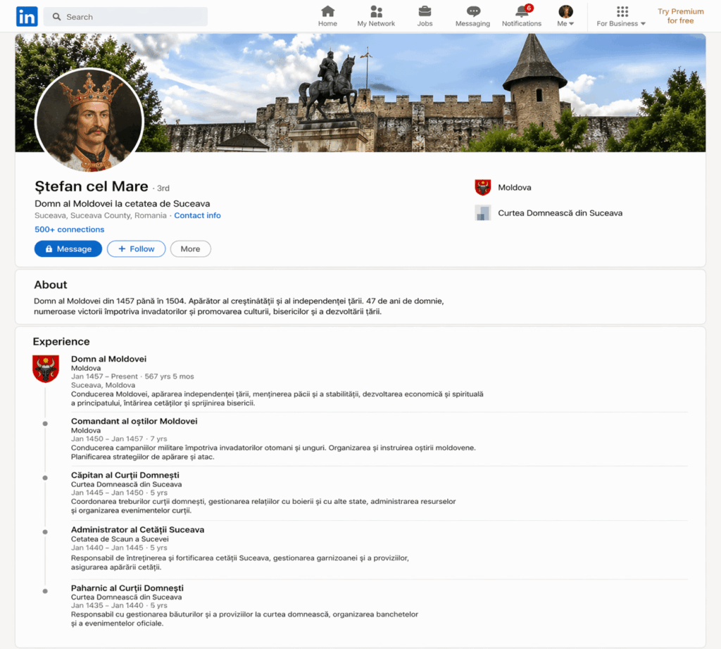 What the LinkedIn profile of Stephen the Great would look like