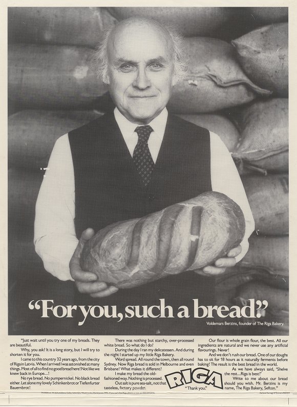 Voldemārs Bērziņš reklamē Rīgas maizi ap 1981. gadu.