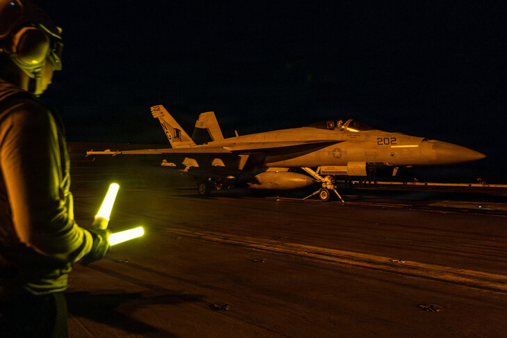 U.S. Navy warplane takes off from the aircraft carrier USS Abraham Lincoln during Operation Epic Fury targeting Iran in the Gulf of Oman, on March 01, 2026.
