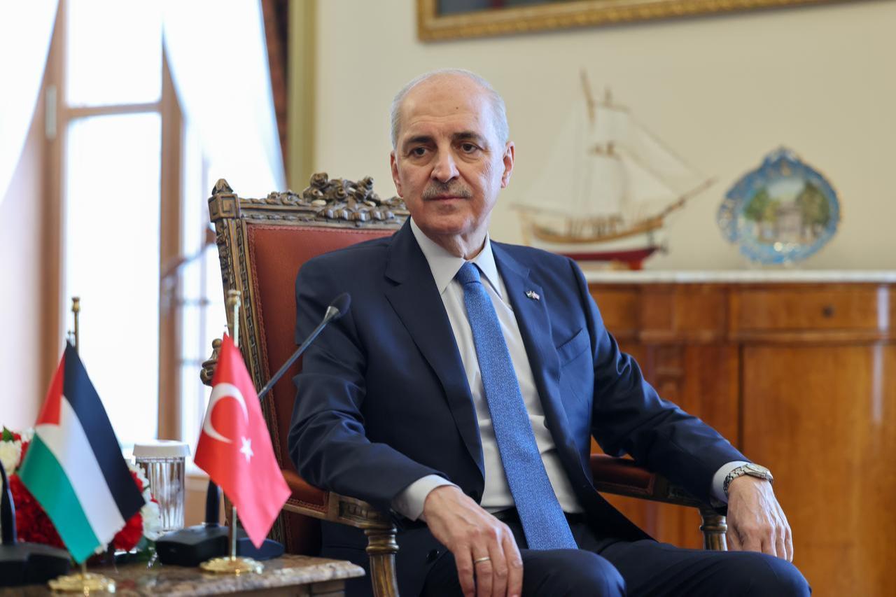 Turkish Parliament Speaker Numan Kurtulmus meets with Palestinian Vice President Hussein al-Sheikh (not seen) and Palestinian National Council President Rawhi Fattouh (not seen) at the Parliament in Ankara, March 31, 2026. (Grand National Assembly of Türkiye/Handout)