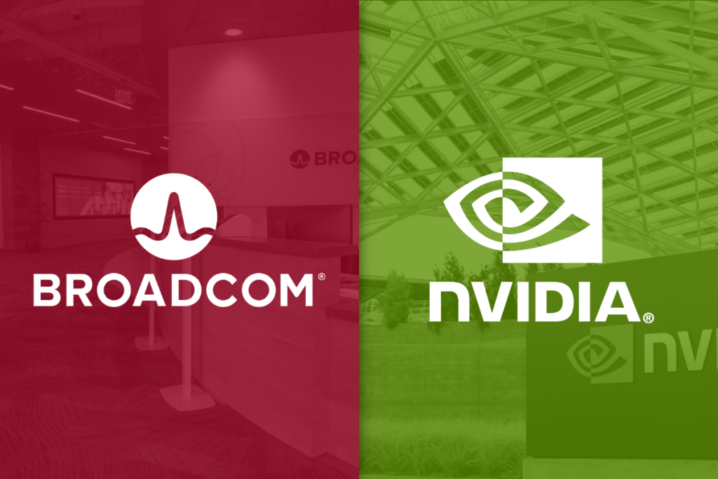 Nvidia vs. Broadcom: Which AI Supercycle Growth Stock Will Make You Richer? The Broadcom and Nvidia logos against a red-and-green background.
