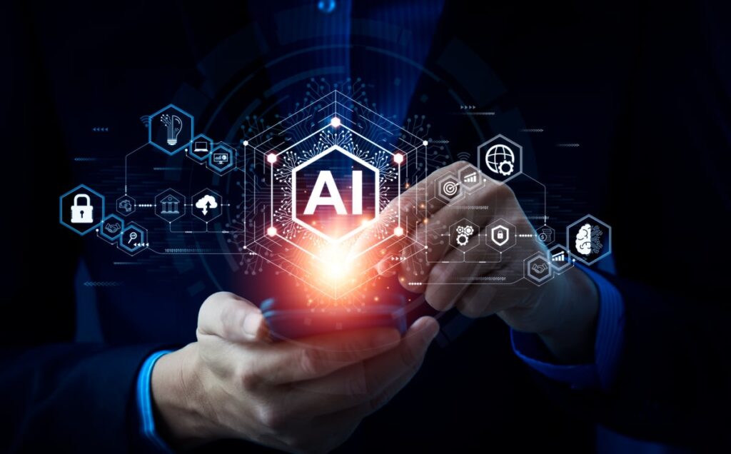 A person using a phone with the letters "AI" over it.