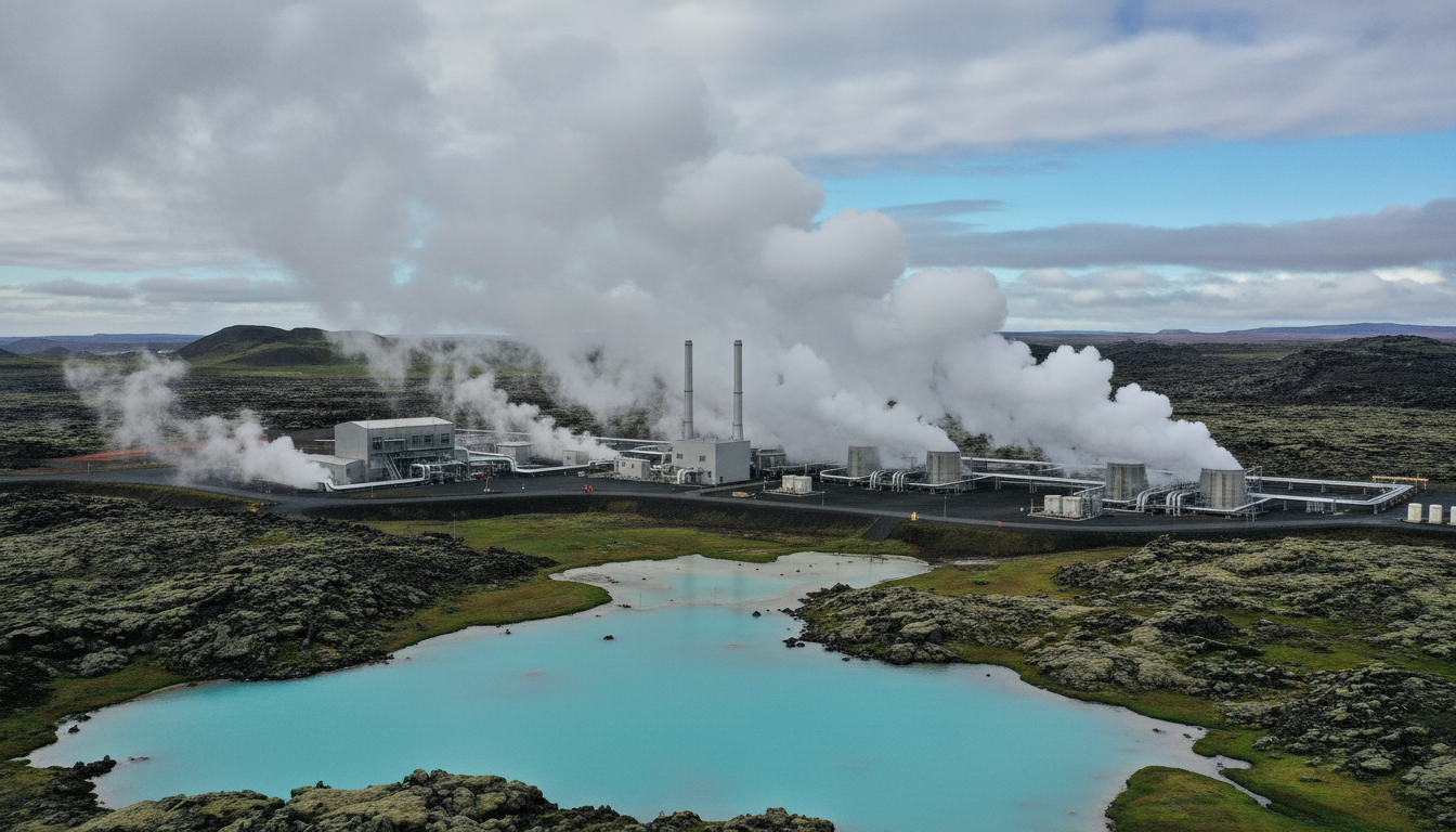 Geothermal power plant in Iceland with steam rising