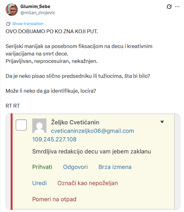A threat that reached Southern News. And a reminder that for more than ten years the state has been dividing people into important and non-essential depending on how close you are to Vučić.
