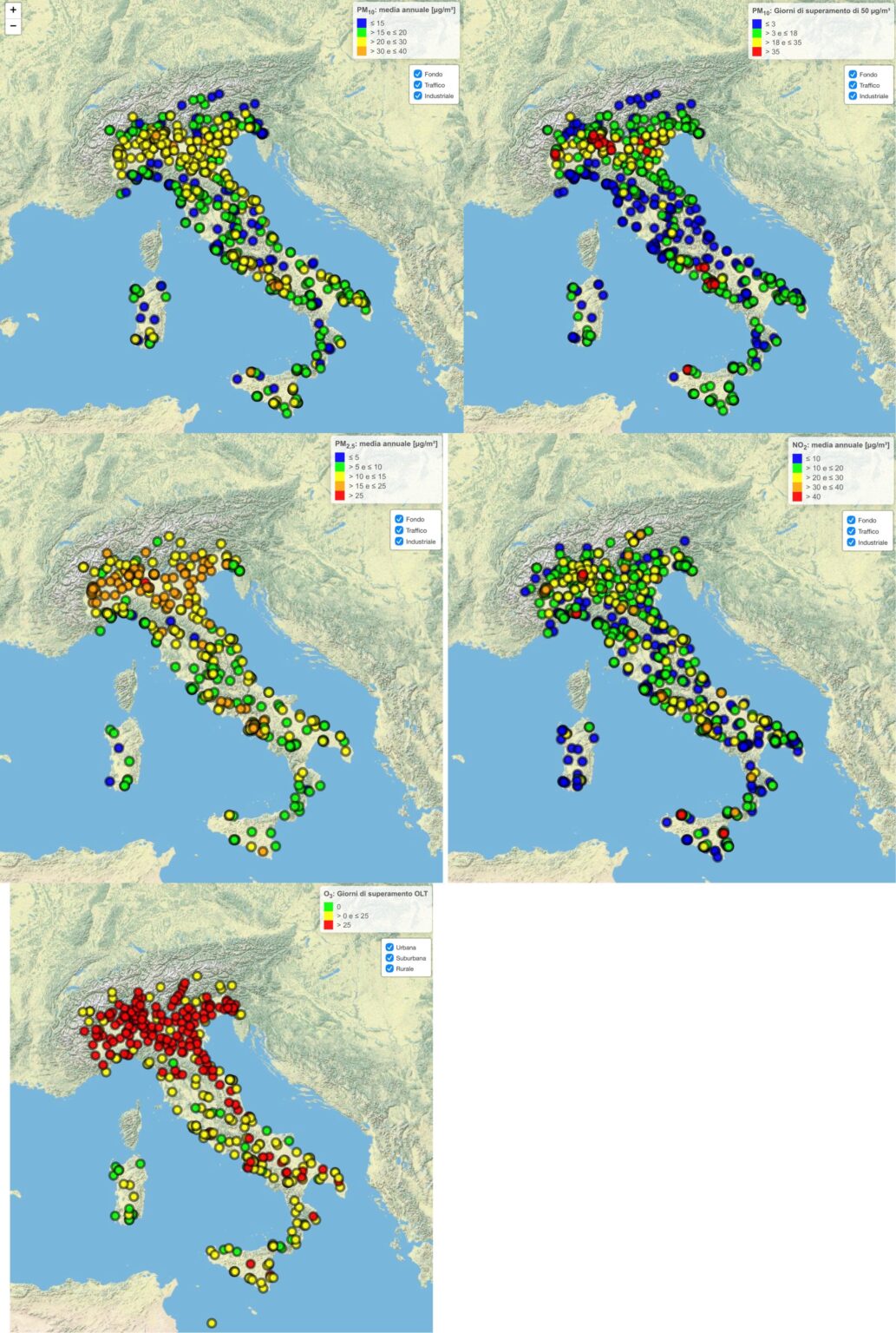 Air quality in Italy: stable values ​​in 2025 and confirmation of the improving trend. Maps of PM10 (average + exceedances), PM2.5, NO2 and Ozone (O3)