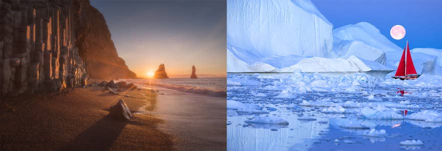 Iceland's basalt cliffs beside Greenland's icebergs, a contrast that fuels the myth that the two names were swapped