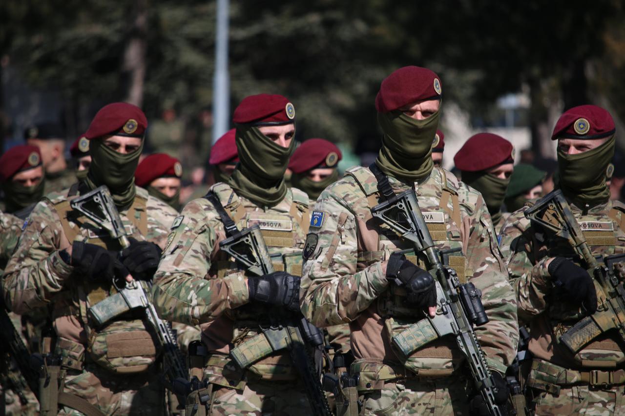 Soldiers parade during an event organized to commemorate the 27th anniversary of Prekaz Massacre at Adem Jashari Barracks in Pristina, Kosovo on March 05, 2025. (AA Photo)