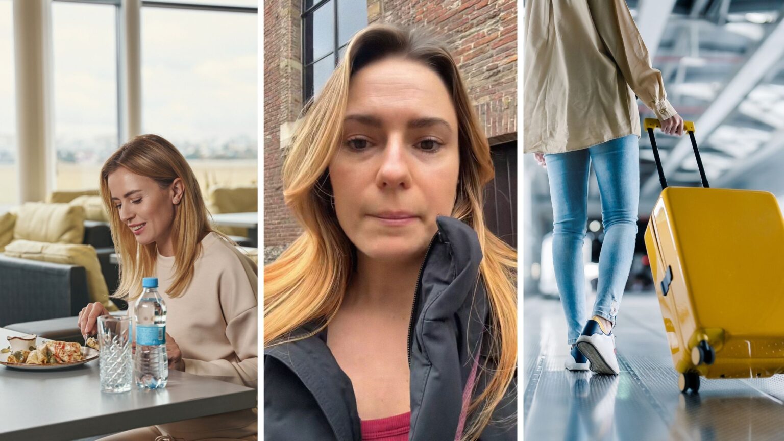 woman having brunch alone (l) woman shares being single struggles (c) brunch place entrance (r)