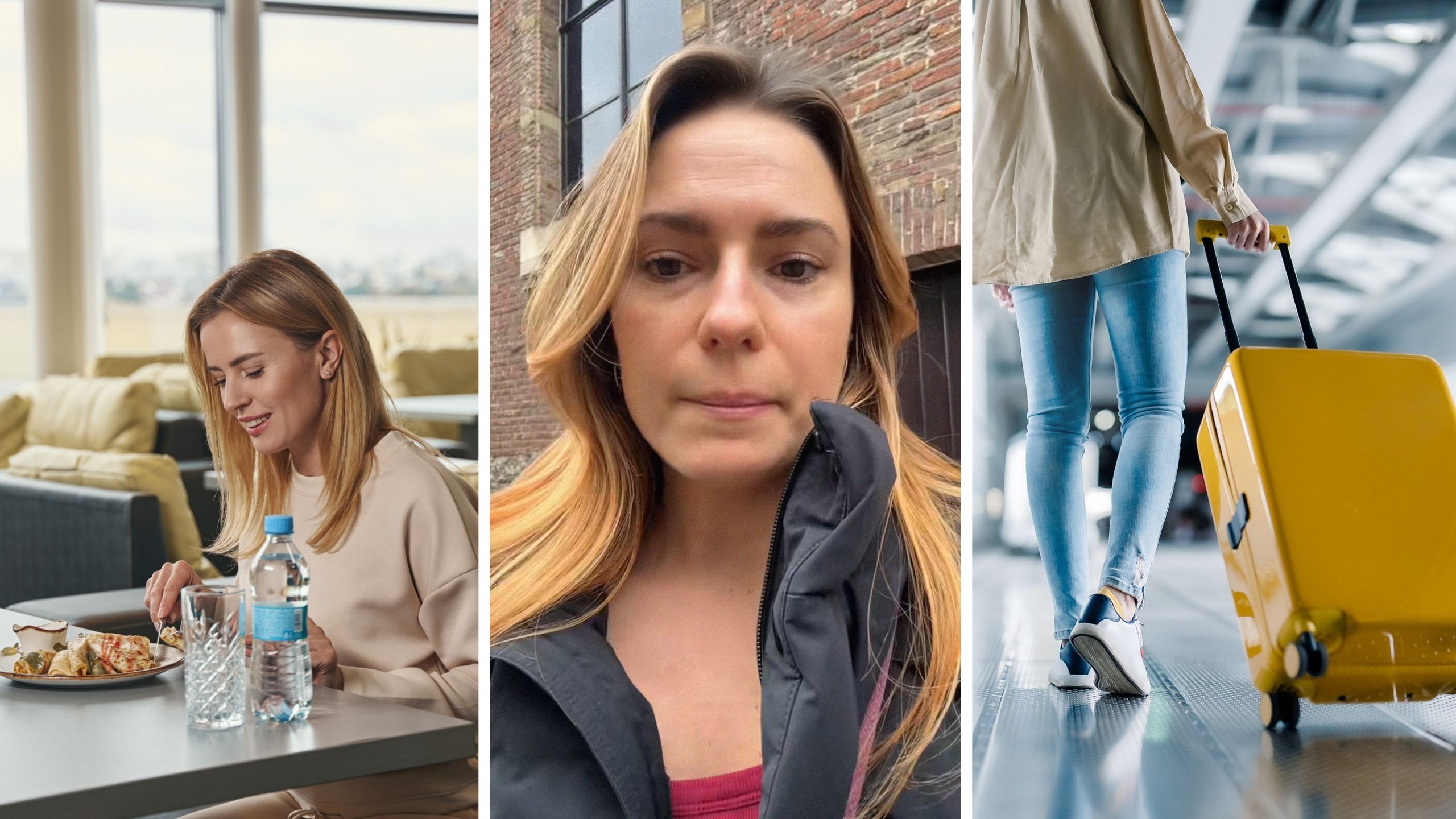 woman having brunch alone (l) woman shares being single struggles (c) brunch place entrance (r)