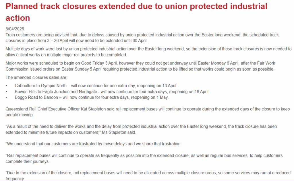 something about unions and queensland rail closures... sigh...
