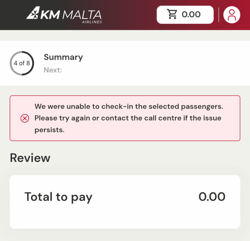 KM Malta - Can't check in online