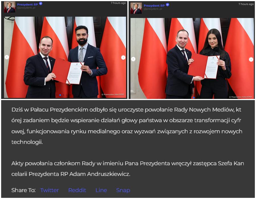 Today, the Presidential Palace hosted the ceremonial establishment of the New Media Council - an advisory body to the President of the Republic of Poland on digital transformation. Among the invited people is Paweł Svinarski from the "For Money" channel with his partner.