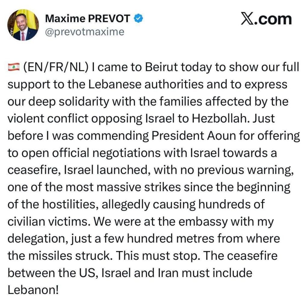 Belgian foreign minister Maxime Prevot almost got killed by Israel in Beirut