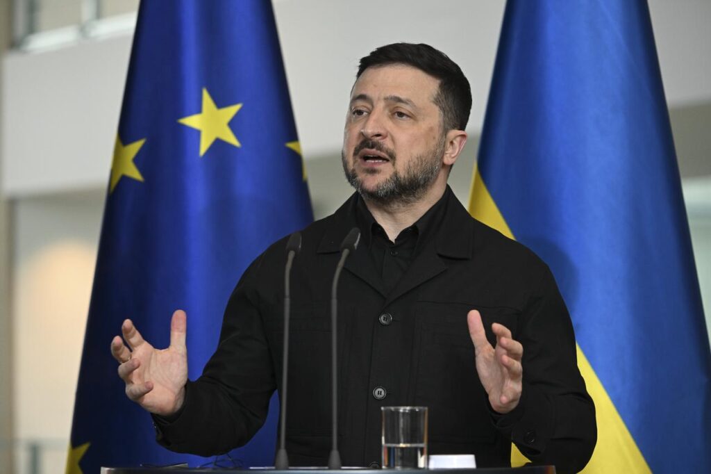 Ukrainian President Volodymyr Zelenskyy speaks to press after a signing ceremony at the Chancellery in Berlin on April 14, 2026 during German-Ukrainian government consultations. (AA Photo)