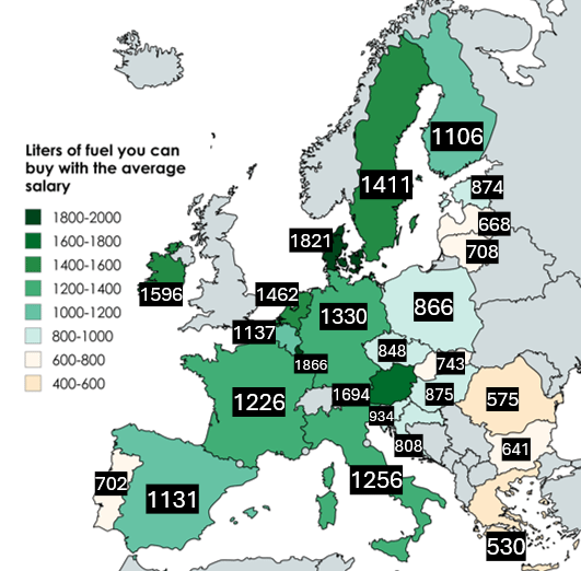 The amount of fuel you van buy with the average salary in some European counrties