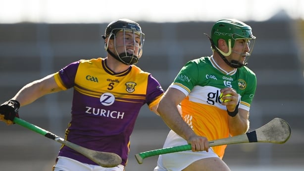 17 May 2025; Brian Duignan of Offaly in action against Conor Foley of Wexford during the Leinster GAA Hurling Senior Championship Round 4 match between Wexford and Offaly at Chadwicks Wexford Park in Wexford. Photo by Matt Browne/Sportsfile