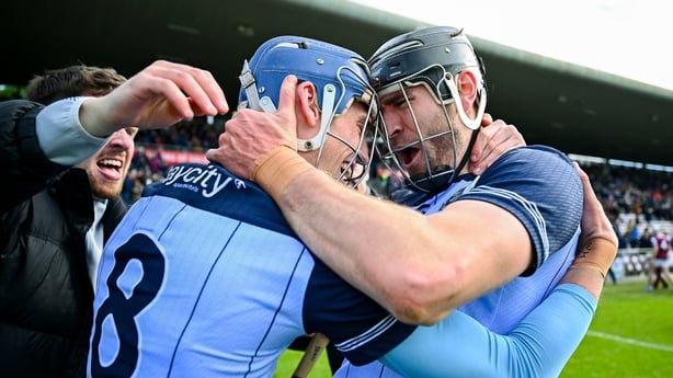 16 May 2026; Dublin hurlers Brian Hayes, scorer of their third goal, and Ronan Hayes, right, scorer of their second goal, celebrate after victory in the Leinster GAA Senior Hurling Championship Round 4 match between Galway and Dublin at Pearse Stadium in Galway. Photo by Piaras Ó Mídheach/Sportsfile