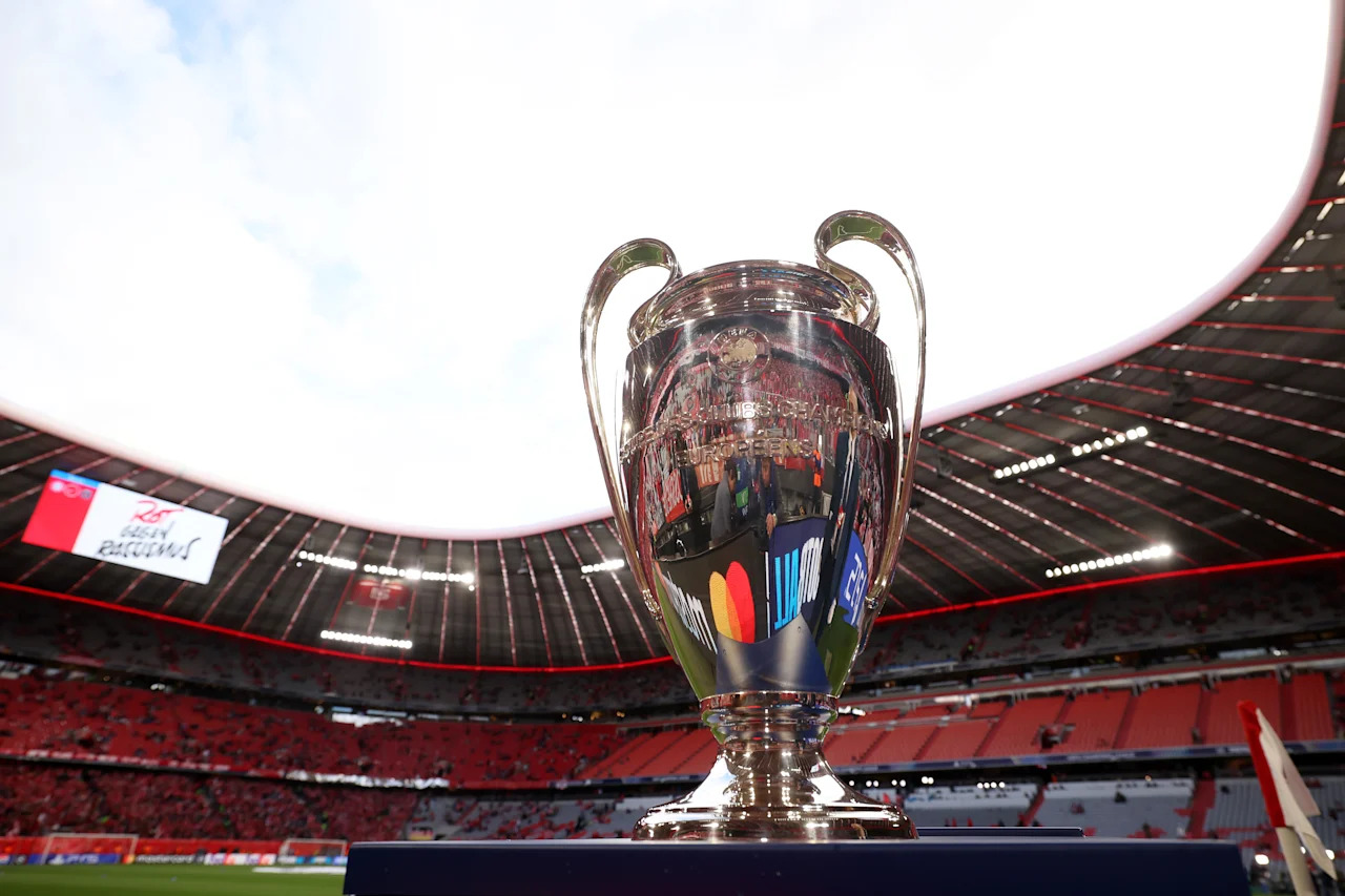 MUNICH, GERMANY - MAY 06: A detailed view of the UEFA Champions League trophy is seen prior to the UEFA Champions League 2025/26 Semi Final Second Leg match between FC Bayern München and Paris Saint-Germain at Football Arena Munich on May 06, 2026 in Munich, Germany. (Photo by Alex Grimm/Getty Images)