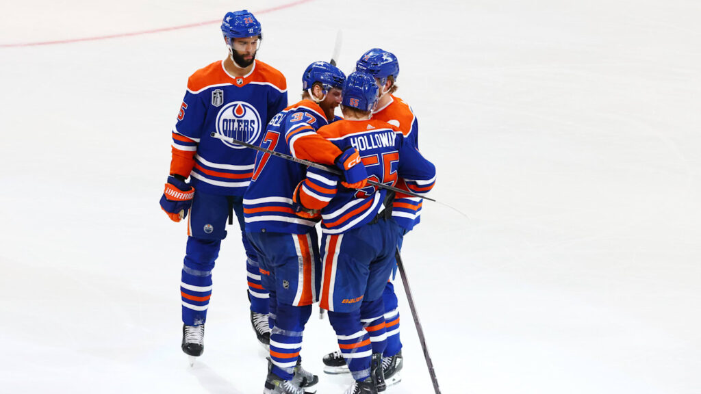 Canadian Oilers off to fast start as Canada bests Sweden 5-3, Ekholm scores for Swedes Jun 15, 2024; Edmonton, Alberta, CAN; Edmonton Oilers left wing Dylan Holloway (55) celebrates goal with teammates in the third period against the Florida Panthers in game four of the 2024 Stanley Cup Final at Rogers Place. Mandatory Credit: Sergei Belski-Imagn Images