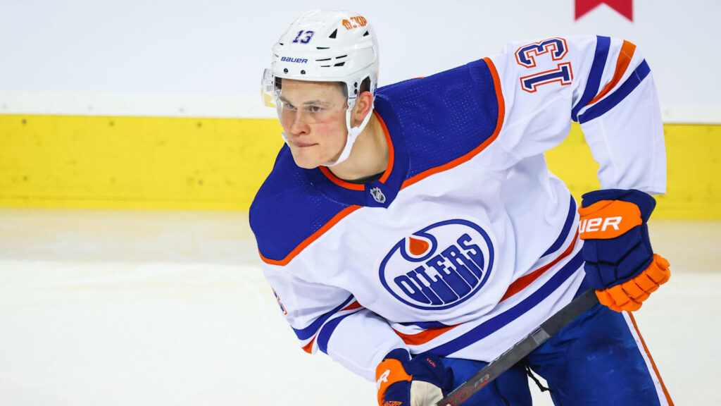Dec 27, 2022; Calgary, Alberta, CAN; Edmonton Oilers right wing Jesse Puljujarvi (13) skates during the warmup period against the Calgary Flames at Scotiabank Saddledome. Mandatory Credit: Sergei Belski-Imagn Images