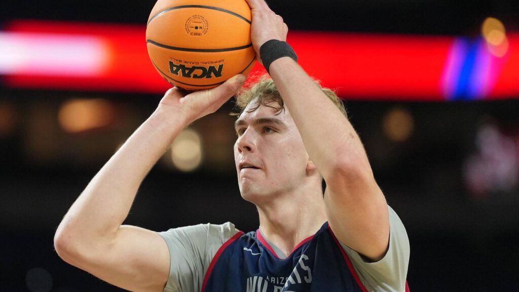 Apr 3, 2026; Indianapolis, IN, USA; Arizona Wildcats center Motiejus Krivas (13) during a practice session ahead of the Final Four of the men's 2026 NCAA Tournament at Lucas Oil Stadium. Mandatory Credit: Robert Deutsch-Imagn Images