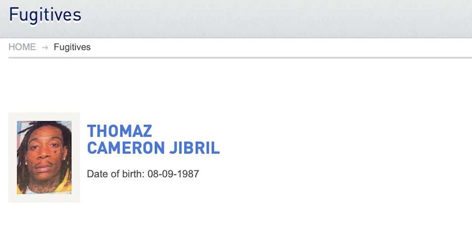 A webpage titled "Fugitives" shows a profile with a photo and name "Thomaz Cameron Jibril," along with a birth date of 08-09-1987.