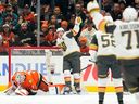 Vegas Golden Knights winger Mitch Marner celebrates after scoring on Anaheim Ducks goaltender Lukas Dostal during Game 6 of their second-round NHL playoff series.